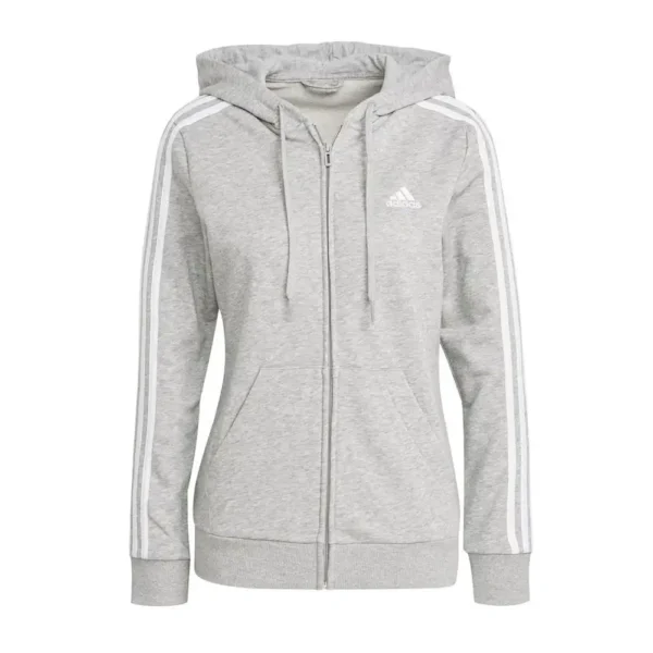 SUDADERA CON CAPUCHA ADIDAS ESSENTIALS 3 FRANJAS FELPA GRIS MUJER