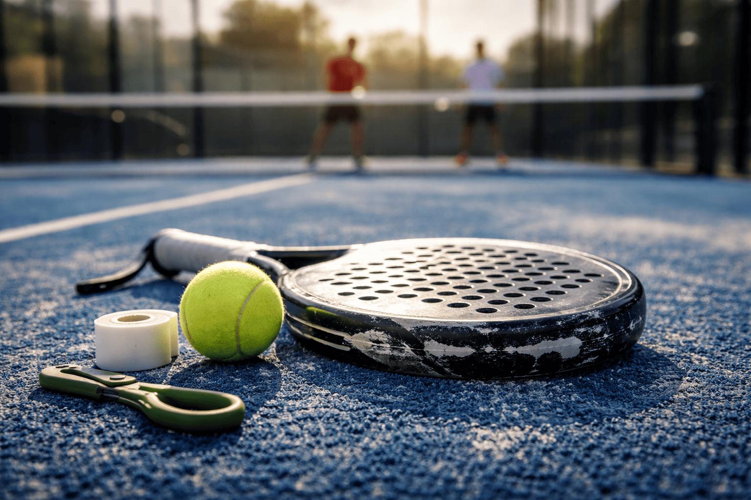 Cambiar la pala de pádel: pala desgastada y dañada en pista de pádel con overgrip y pelota, señal de sustitución