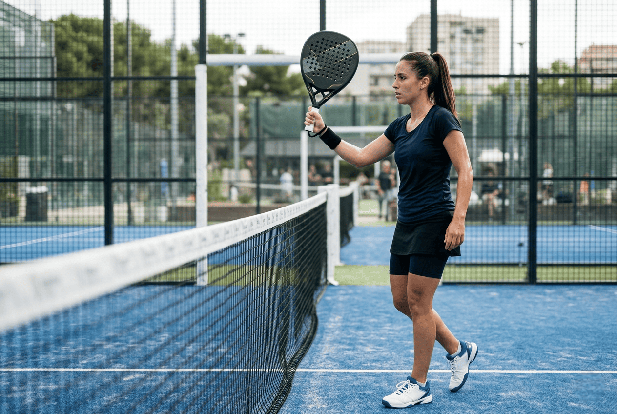 Jugadora de pádel profesional en pista con una pala de alto rendimiento antes de un punto